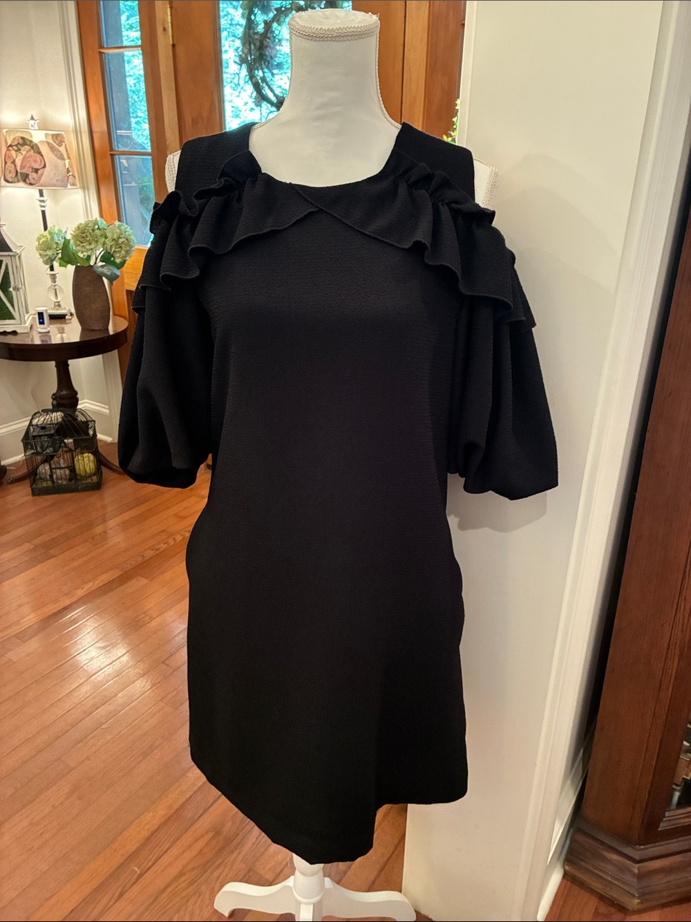 Hilary Radley for Katherine Barclay Cold Shoulder Ruffle Black Dress Size M